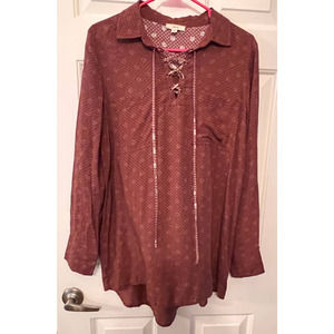 Oddy Brown Long Sleeve Blouse Lace Up Front Pockets Size S 27" Long Front x‎ 19"